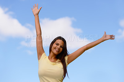 Buy stock photo Freedom, excited and woman with energy, smile and happy about outdoor holiday against a blue sky. Happiness, young and portrait of a girl free on a vacation in nature with fresh air and joy on break