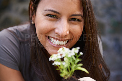 Buy stock photo Happy woman, flower and garden with portrait in nature, ecology and sustainability with environment. Landscaping, gardener with plant and eco for growth, green and botanical with smile outdoor