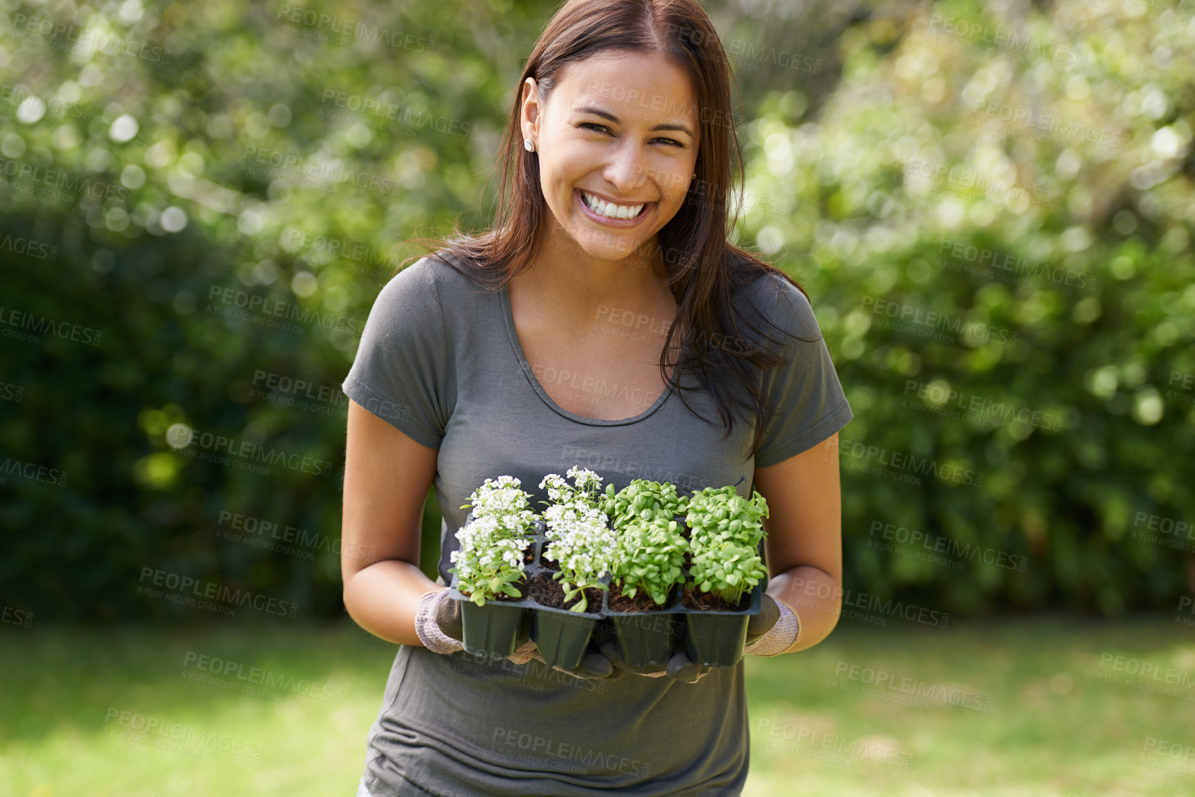 Buy stock photo Happy woman, portrait and excited for gardening with plant, sprout or leaf growth outdoor. Backyard, sustainability and face of female person in garden outside for lawn, grass or asylum seedling soil