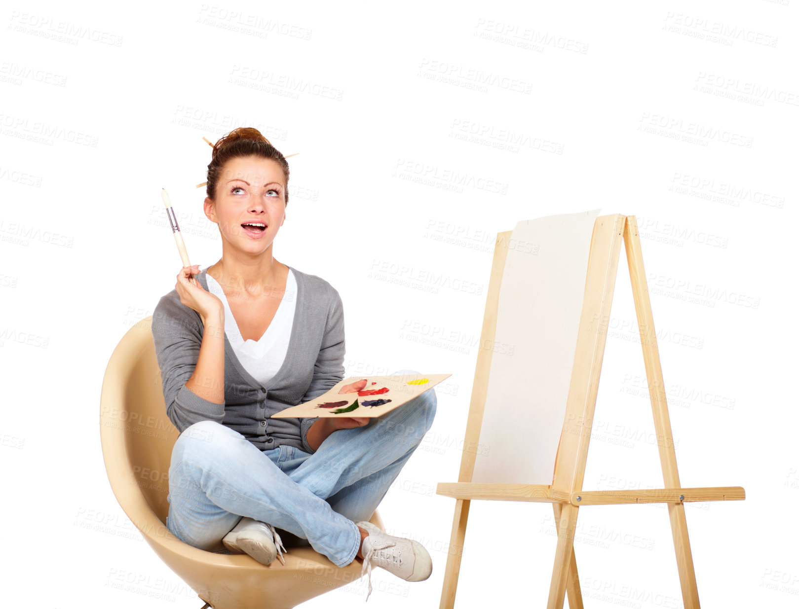 Buy stock photo Painting, thinking and woman with art canvas in studio for creativity and talent with paint brush for color. Female artist or painter isolated on a white background for creative work and mockup ideas