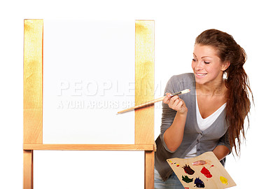 Buy stock photo Art, woman painter and canvas in studio for creativity, talent and paint brush for color. Female artist happy about painting isolated on a white background for creative work, project and mockup space