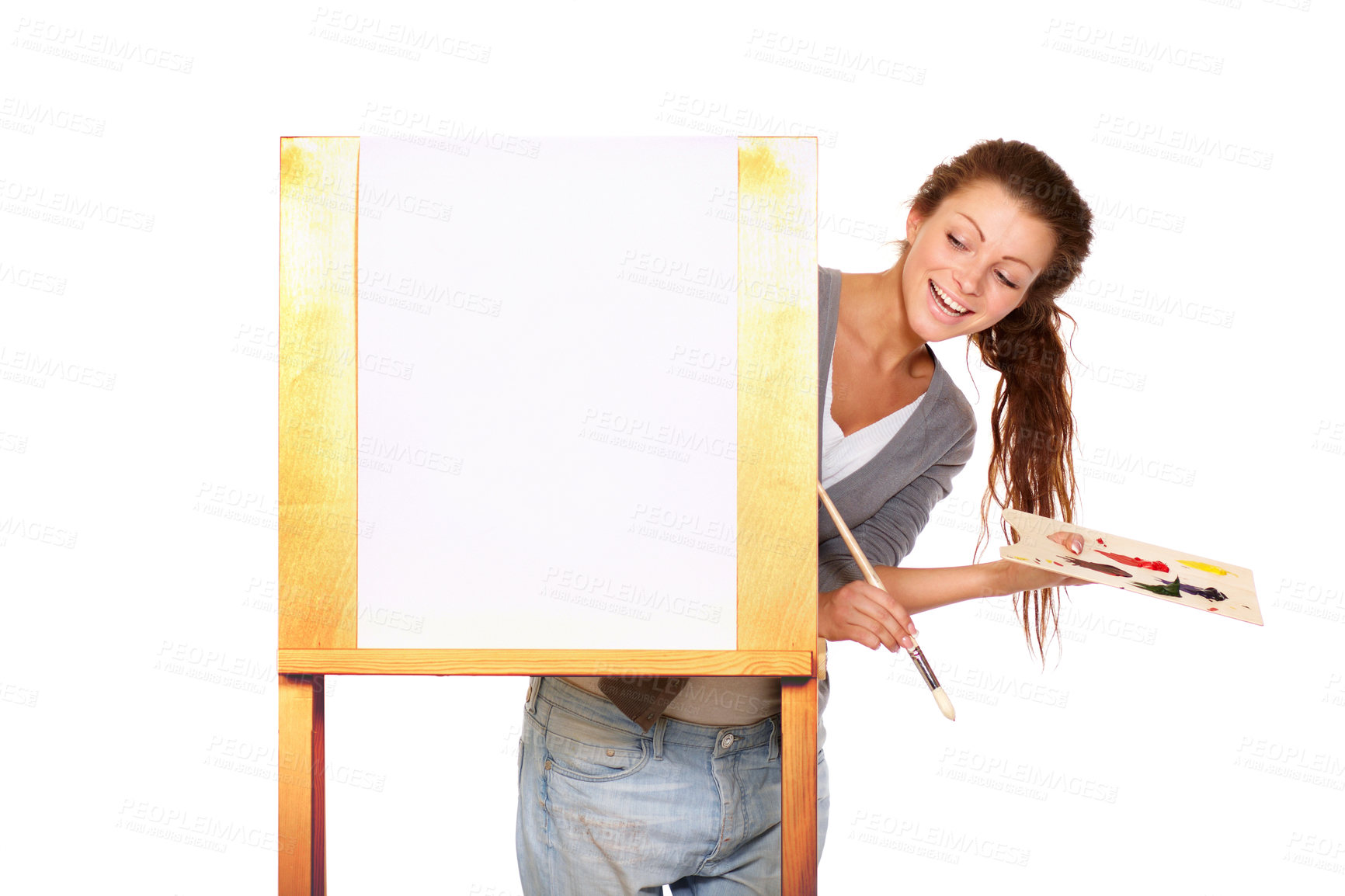 Buy stock photo Canvas, woman painter and art in studio for creativity and talent with paint and a brush for color. Happy female artist isolated on a white background for creative painting, project and mockup space