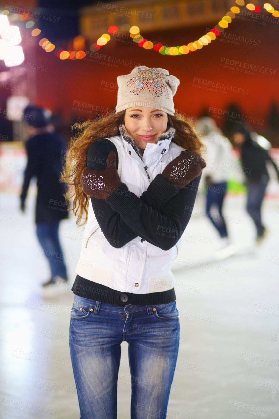 Buy stock photo Woman, ice rink and portrait on cold night with self hug, training and exercise on winter holiday. Young girl, skate and freezing body with warm clothes for mistake, outdoor and regret on vacation