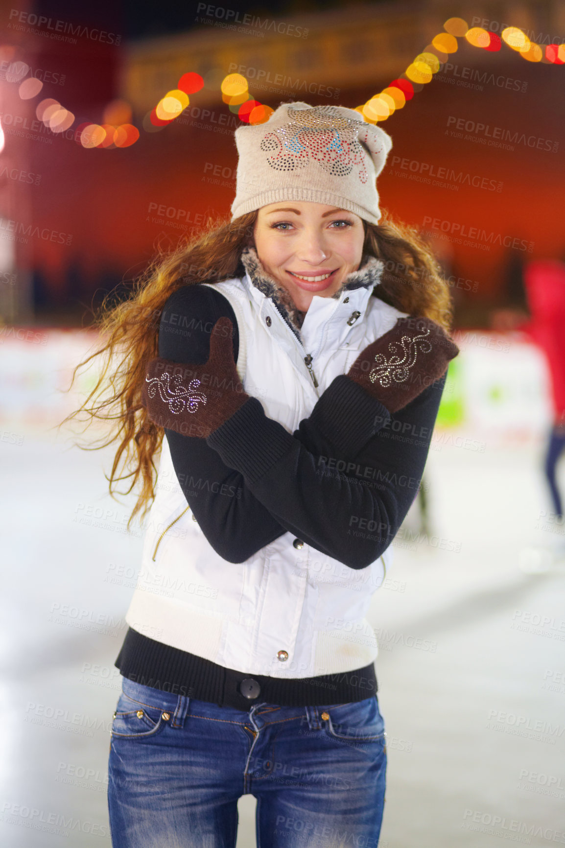 Buy stock photo Woman, ice rink portrait and night with smile in cold for workout, training or exercise on winter holiday. Girl, skate and happy for sports, outdoor and freezing for fun with excited face on vacation