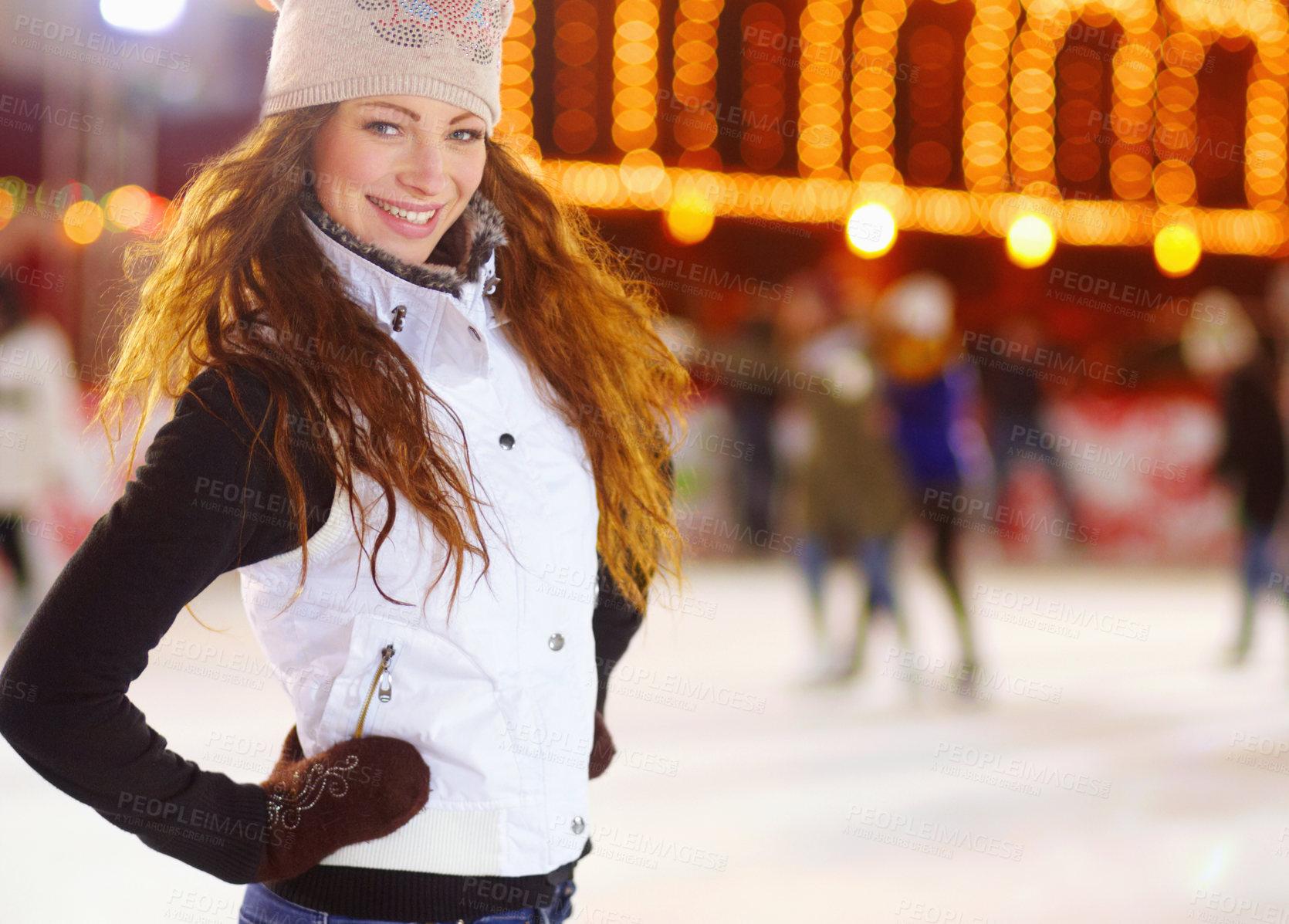 Buy stock photo Woman, ice skating portrait and happiness in night for workout, training and exercise on winter holiday. Girl, skate rink and happy for sports, outdoor and fitness with excited face for vacation