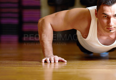 Buy stock photo Push up portrait, floor and fitness man focus on gym, exercise or health for muscle building, healthy lifestyle or motivation. Mindset, workout challenge and athlete, person or bodybuilder training