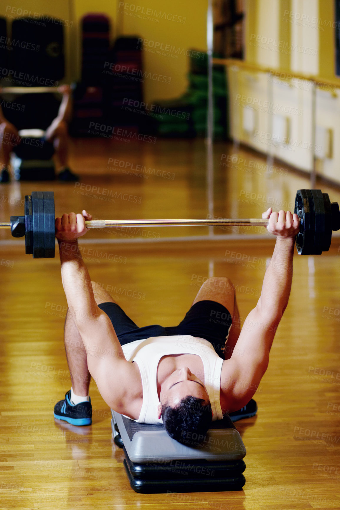 Buy stock photo Barbell exercise, floor or man doing muscle workout, gym studio fitness or training for bodybuilding, muscle growth, challenge. Power strength, bodybuilder or person lying on ground for weightlifting