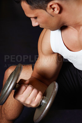 Buy stock photo Arm muscle, dumbbell or strong fitness man doing bicep workout, gym performance routine or strength training. Motivation, focus or muscular bodybuilder, athlete or active person doing dumbell curling