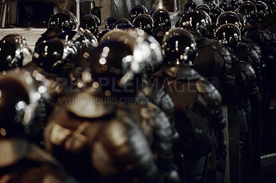 Buy stock photo The army barricading a riot in the city