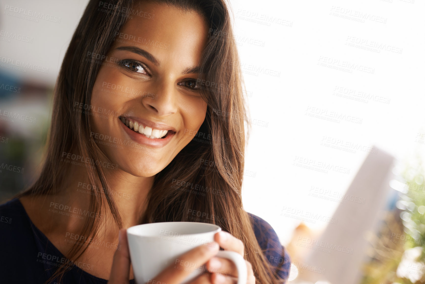 Buy stock photo Face, woman and happy with coffee at home for break for confident leisure with smile, satisfied and self care. Portrait, female person and house with cup in morning to relax, rest for positive mind