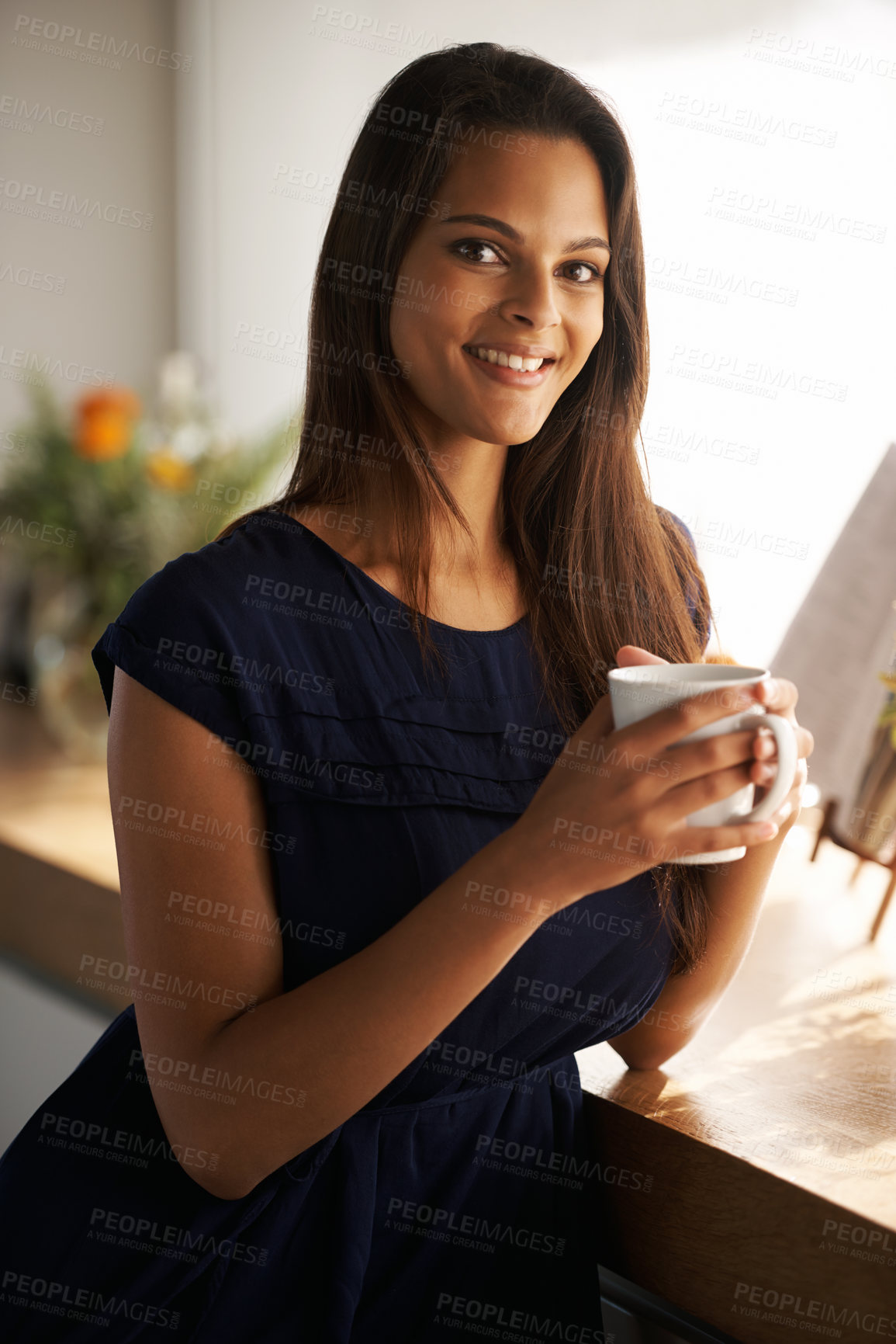 Buy stock photo Woman, home and kitchen counter with smile for coffee at  confident break with happiness, enjoy and relax. Portrait,  person and satisfied in morning for leisure, chill and positivity for self care