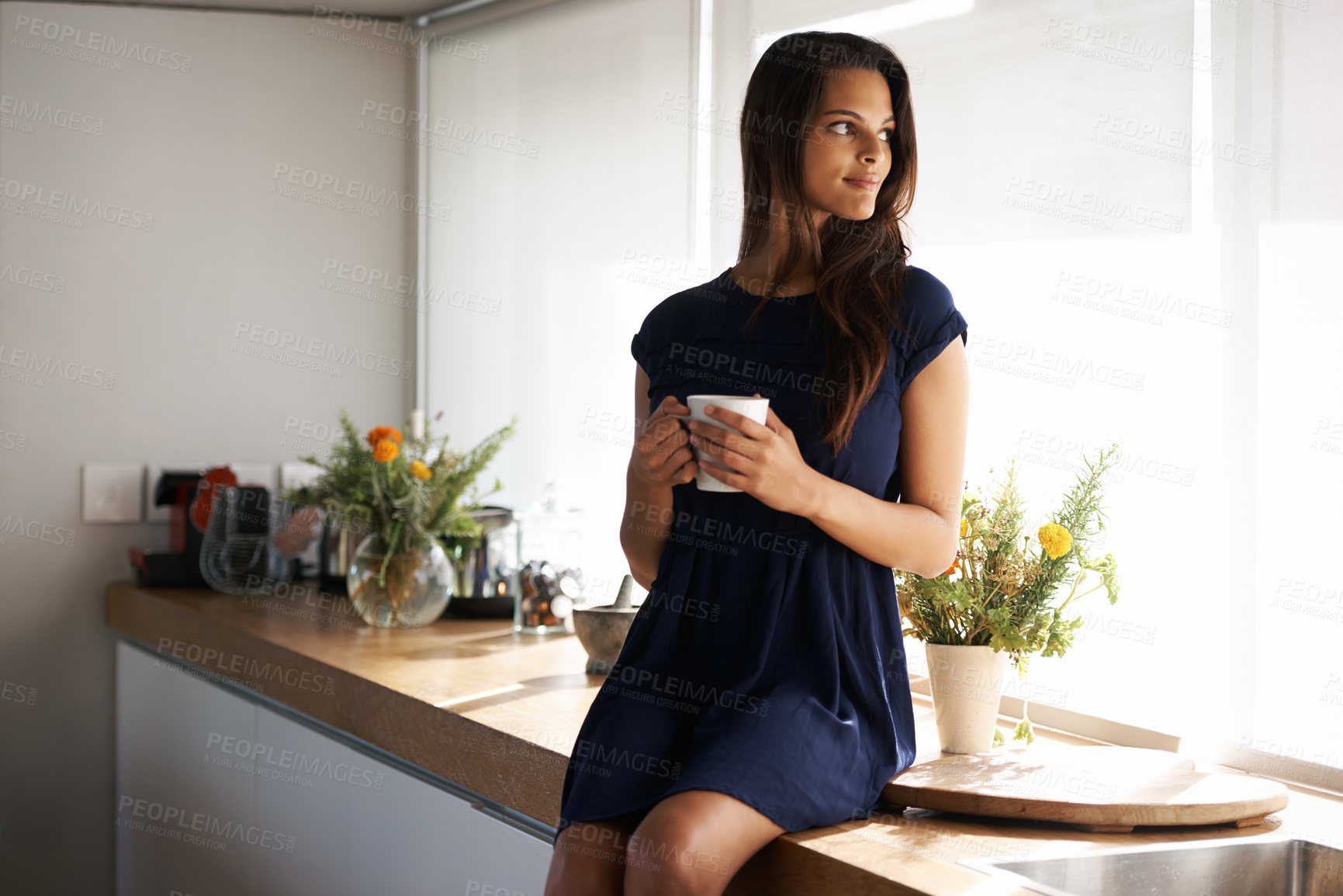 Buy stock photo Woman, coffee and thinking in kitchen for relax weekend in morning for holiday vacation, resting or peace. Female person, mug and drinking beverage in home apartment in Mexico, thoughts or vision