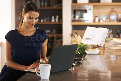 Buy stock photo Woman, laptop and coffee in kitchen for online communication for email networking, internet or remote work. Female person, caffeine and freelance journalist for planning research, report or proposal