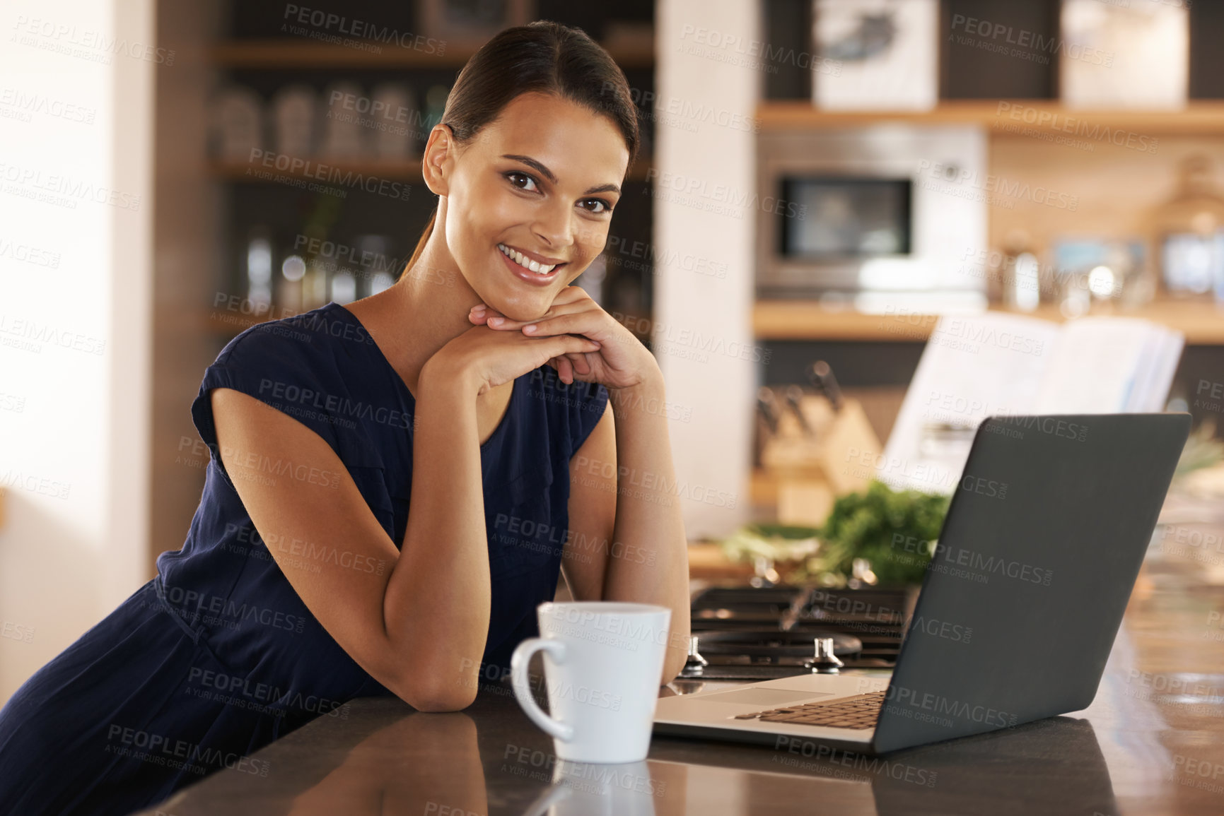 Buy stock photo Woman, portrait and laptop in kitchen with coffee for morning research as freelance journalist, online or remote work. Female person, face and mug in apartment for internet report, startup or drink