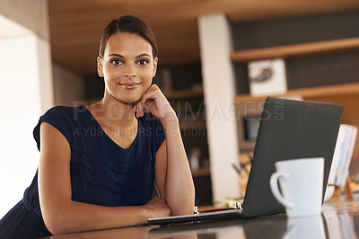 Buy stock photo Woman, portrait and laptop in apartment with coffee for morning research as freelance journalist, online or remote work. Female person, face and mug in kitchen for internet report, startup or job
