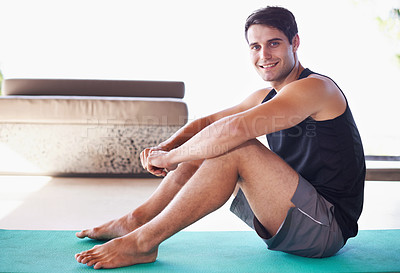 Buy stock photo Yoga, mat and portrait of happy man on a living room floor for balance, routine or mental health wellness. Spirituality, profile and male person in a house with peace, zen or holistic stress relief