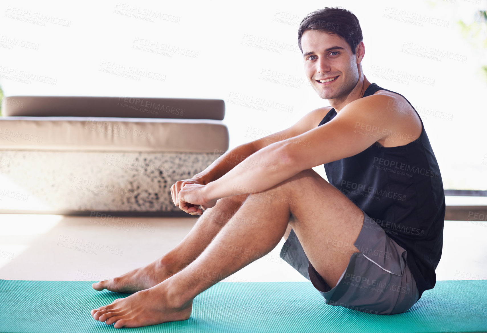 Buy stock photo Yoga, mat and portrait of happy man on a living room floor for balance, routine or mental health wellness. Spirituality, profile and male person in a house with peace, zen or holistic stress relief