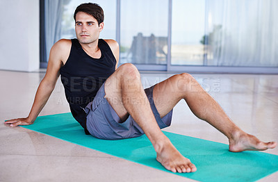 Buy stock photo Exercise, yoga and man relax before training, fitness and workout at sports center. Active, athlete and mindset or wellbeing for weight loss, health or pilates mat for outdoor gym and conditioning
