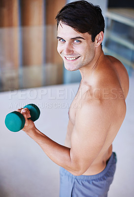 Buy stock photo Man, portrait and dumbbell for weightlifting, fitness and muscle training for body and self care. Topless athlete, exercise and endurance in workout at home for health, wellness and strength