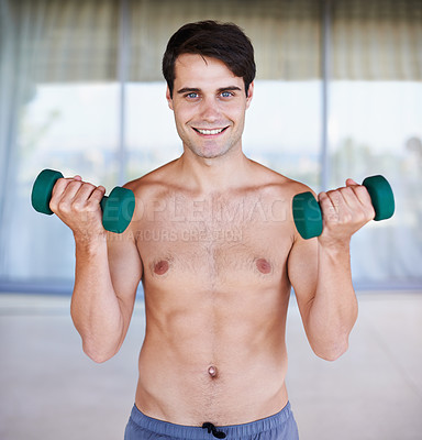 Buy stock photo Happy man, portrait and dumbbells for weightlifting, fitness and muscle training for body and self care. Topless athlete, exercise and endurance in workout at home for health, wellness and strength
