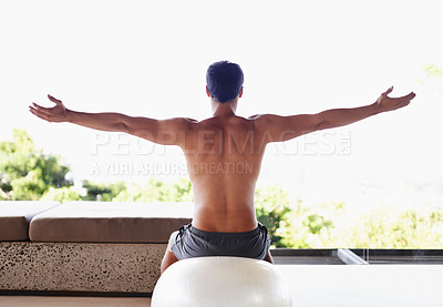 Buy stock photo Muscle, fitness and man during stretch, exercise ball and working out at gym center. Balance, athlete and core strength for health or well being, pilates and fit male sportsman at outdoor studio