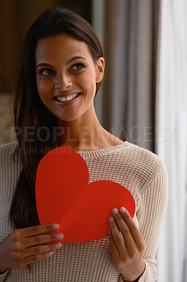Buy stock photo Woman, smile and heart paper for kindness, care and love emoji for valentines day in home. Female person, happy and romance aesthetic or review and opinion, shape and icon for peace or compassion