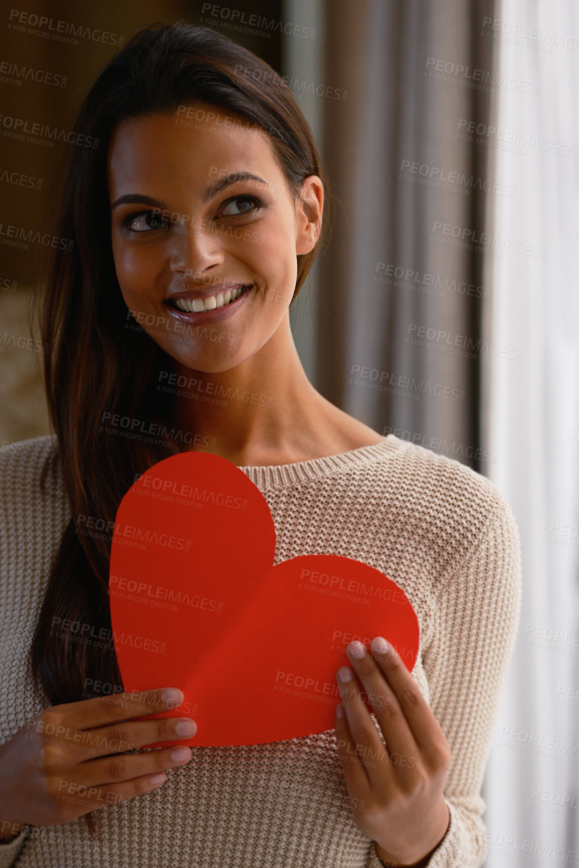 Buy stock photo Woman, smile and heart paper for kindness, care and love emoji for valentines day in home. Female person, happy and romance aesthetic or review and opinion, shape and icon for peace or compassion