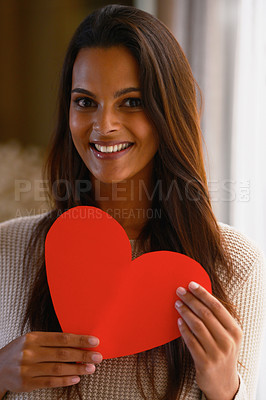 Buy stock photo Woman, portrait and heart paper for kindness, care and love emoji for valentines day in home. Female person, happy and romance aesthetic or review and sign, shape and icon for peace or compassion