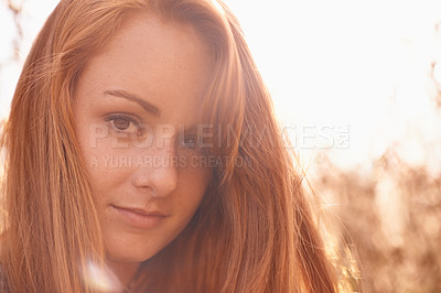 Buy stock photo Happy woman, portrait and ginger with hair in nature for summer holiday or outdoor weekend. Face of female person or redhead with smile for sunshine, travel or adventure in wheat field or countryside