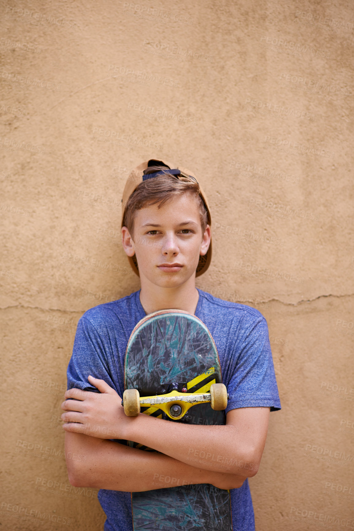 Buy stock photo Teen, boy and portrait with skateboard outdoors, serious and confident for sports on board. Male person, attitude and mockup space for practice or hobby and gen z identity or ready for fitness