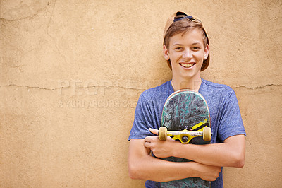 Buy stock photo Teen, boy and portrait with skateboard outdoors, smile and confident for sports on board. Male person, happy and mockup space for practice or training, hobby and gen z identity or ready for fitness
