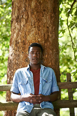 Buy stock photo Teen, boy and portrait by tree bark outdoors, bench and relax in woods or forest on summer holiday. Black male person, nature and sitting in park or garden, calm and peace on travel to Nigeria