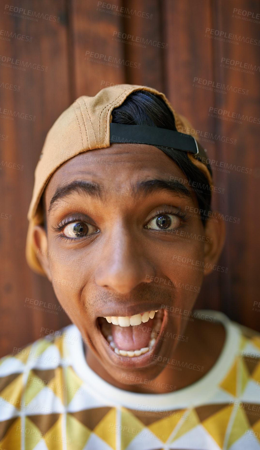 Buy stock photo Portrait, teenager and wood with excited face for joy, fun and laugh with comic. Boy, nature and joke for comedy, confidence or happiness outside with adolescent youth closeup or facial expression
