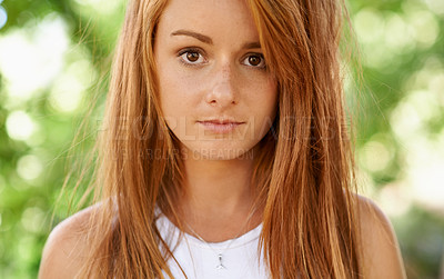 Buy stock photo Girl, teenager and portrait in outdoor or garden for comfort, clean and hygiene for natural skin, hair and face. Young person and teen with ginger and freckles for clear and healthy for wellness 
