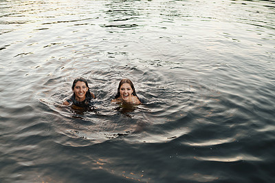Buy stock photo Teenagers, happiness and portrait of friends swimming in lake, water and river outdoor in countryside. Young women, group and youth together on vacation, holiday and travel to relax in Australia