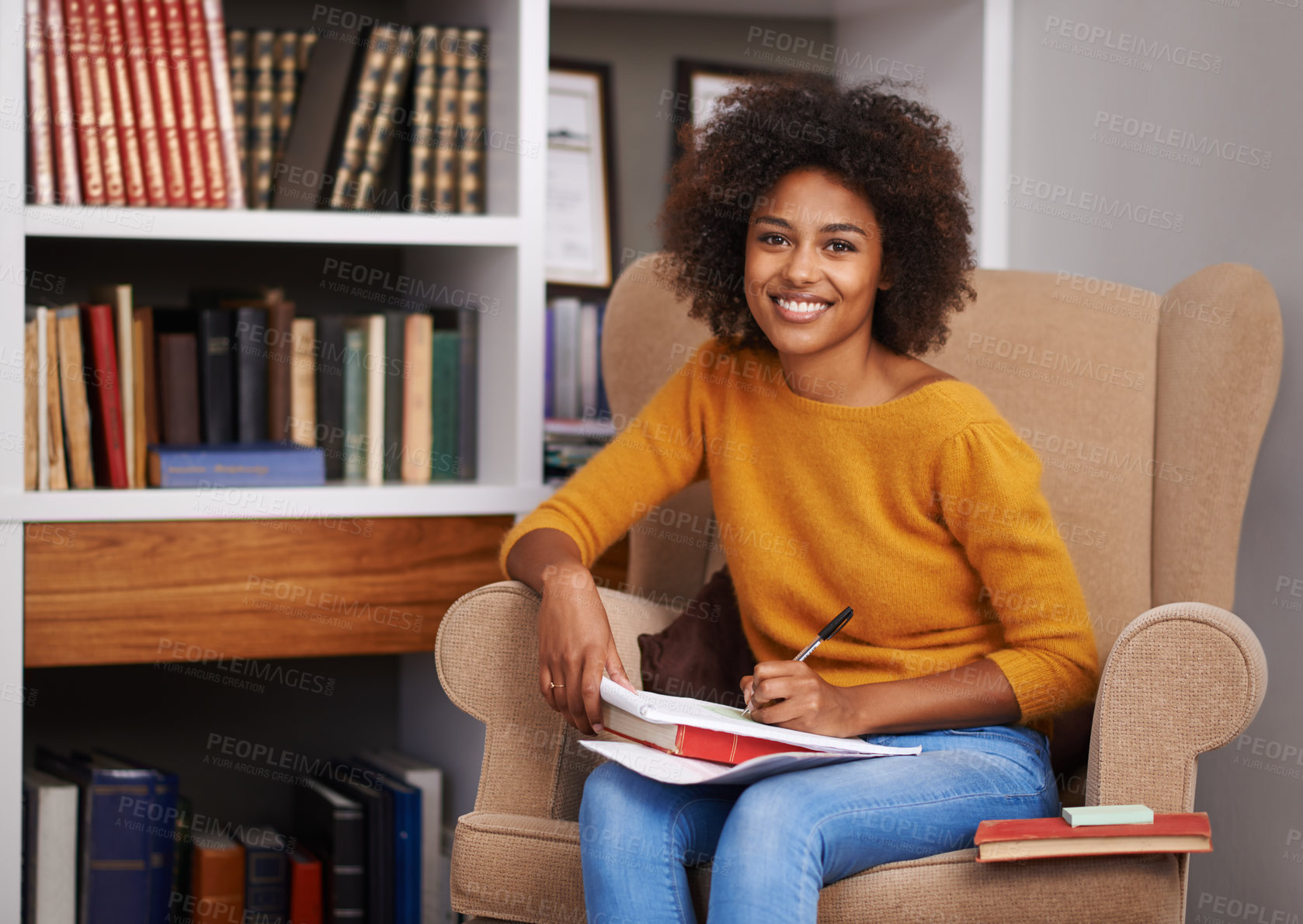 Buy stock photo Woman, portrait and library studying with books for scholarship education for university degree, college or learning. Female person, face and student research with notes for lesson, class or project