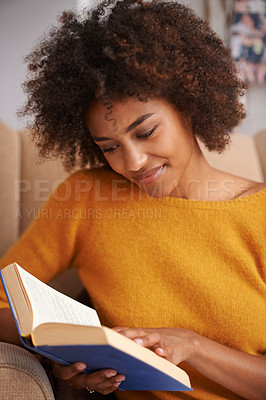 Buy stock photo Woman, book and reading in university library or higher education or scholarship studying, literature or research. Female person, smile and textbook for school project or learning, academy or college