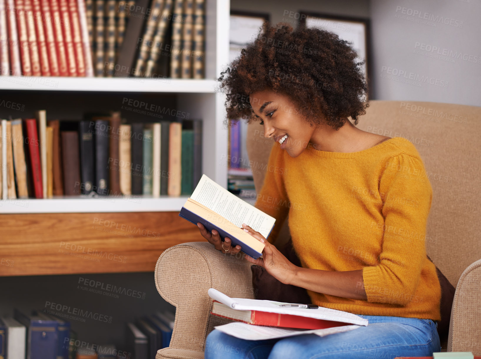 Buy stock photo Woman, book and library reading for education research on campus or scholarship degree, college or notebook. Female person, literature and shelf as student or study information, academy or knowledge
