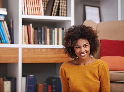 Buy stock photo Portrait, smile and African woman in library, floor and home study for reading or education. Books, novel and story for happy female with natural afro hair, learning and relax for knowledge or hobby