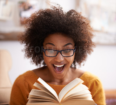 Buy stock photo Book, excited and happy woman in home lounge, reading and shocked expression. Pages, relax and novel or fiction for female reader with glasses, literacy or knowledge for hobby and surprise story line