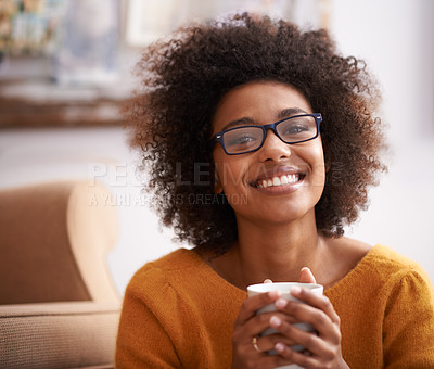 Buy stock photo Portrait, coffee and happy woman in home lounge, smile and eyewear for relax person. Apartment, comfort and calm with tea or hot beverage, me time and peace in living room and positive aesthetic 
