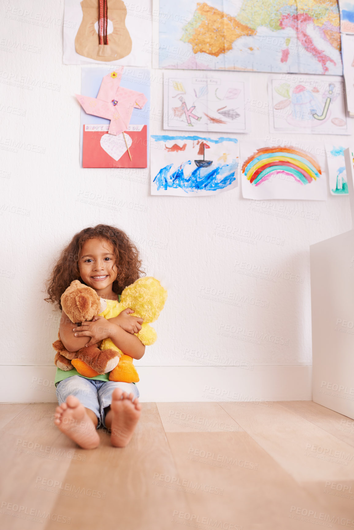 Buy stock photo Portrait, smile and girl hugging teddy bear in bedroom for comfort, love and relax in house. Happiness, child development and face of kid with stuffed animal for playing, cuddle and support in home