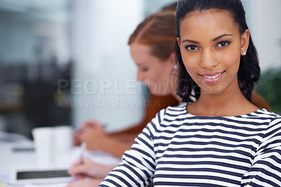 Buy stock photo Happy business woman, portrait or consultant in board meeting or workshop on career growth. Young entrepreneur, positive or face in tradeshow on startup agency, skills or training on sales or finance
