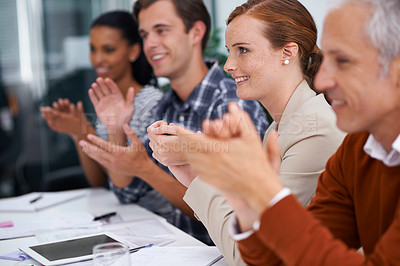 Buy stock photo Business people, happy and applause in presentation in meeting and celebration for teamwork in conference room. Accounting, success and clapping hands for speaker and achievement of company growth