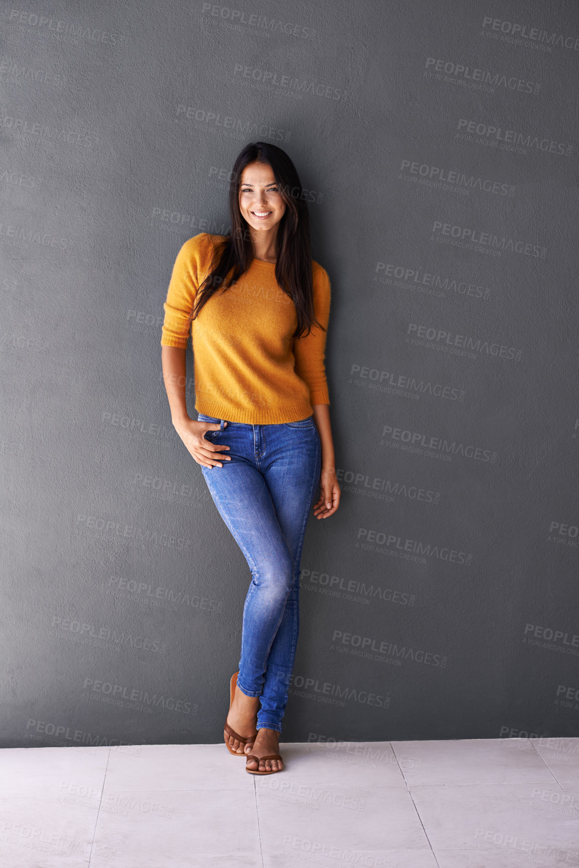 Buy stock photo Portrait, fashion and woman in gray background, cool and edgy in trendy style. Female person, smile or happy and proud with confidence or pride, model and stylish in casual outfit or clothes