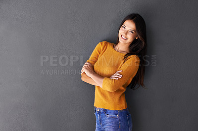 Buy stock photo Portrait, mockup and face of Mexican woman in fashion with smile, clothes and sweater isolated on gray background. Female person, adult and model for clothing line, stylish and fashionable by studio