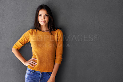 Buy stock photo Portrait, fashion and woman in studio, edgy and cool or trendy style in gray background. Female model, proud and confidence or pride in mockup space, standing and stylish in casual outfit or clothes