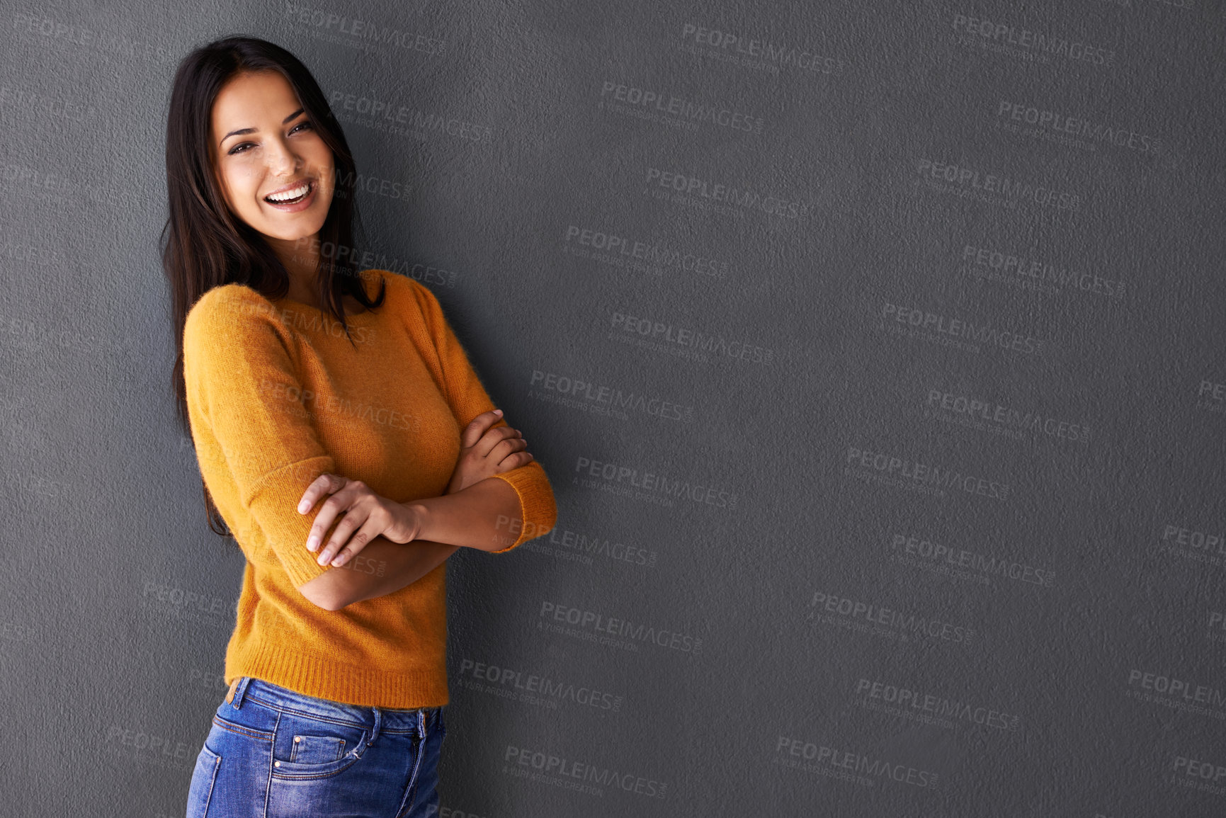 Buy stock photo Portrait, mockup and face of happy woman in fashion with smile, clothes and sweater isolated on gray background. Female person, adult and model for casual outfit, stylish and fashionable by studio