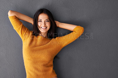 Buy stock photo Woman, smile and portrait for clothes, carefree and style for fashion and bright color for weekend. Female person, model and happy with jersey for casual outfit, stylish and fashionable on mockup