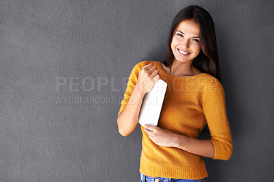 Buy stock photo Woman, smile and portrait with tablet for clothes, app and technology for browse and fashion shopping for weekend. Model and happy person with ecommere and tech for casual outfit and online mockup